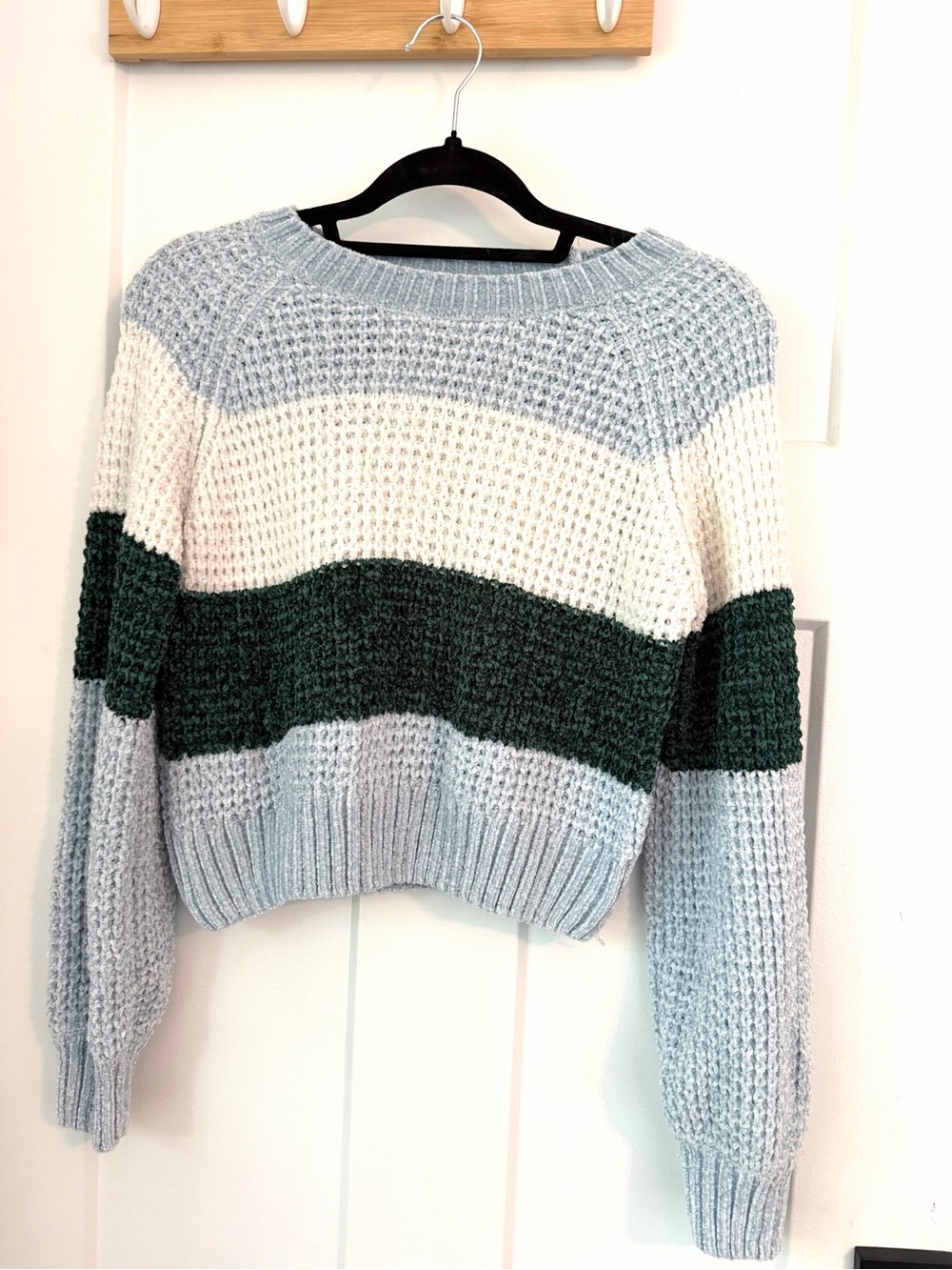 Chunky Striped Knit Sweater in Light Blue, Cream & Dark Green Back to school